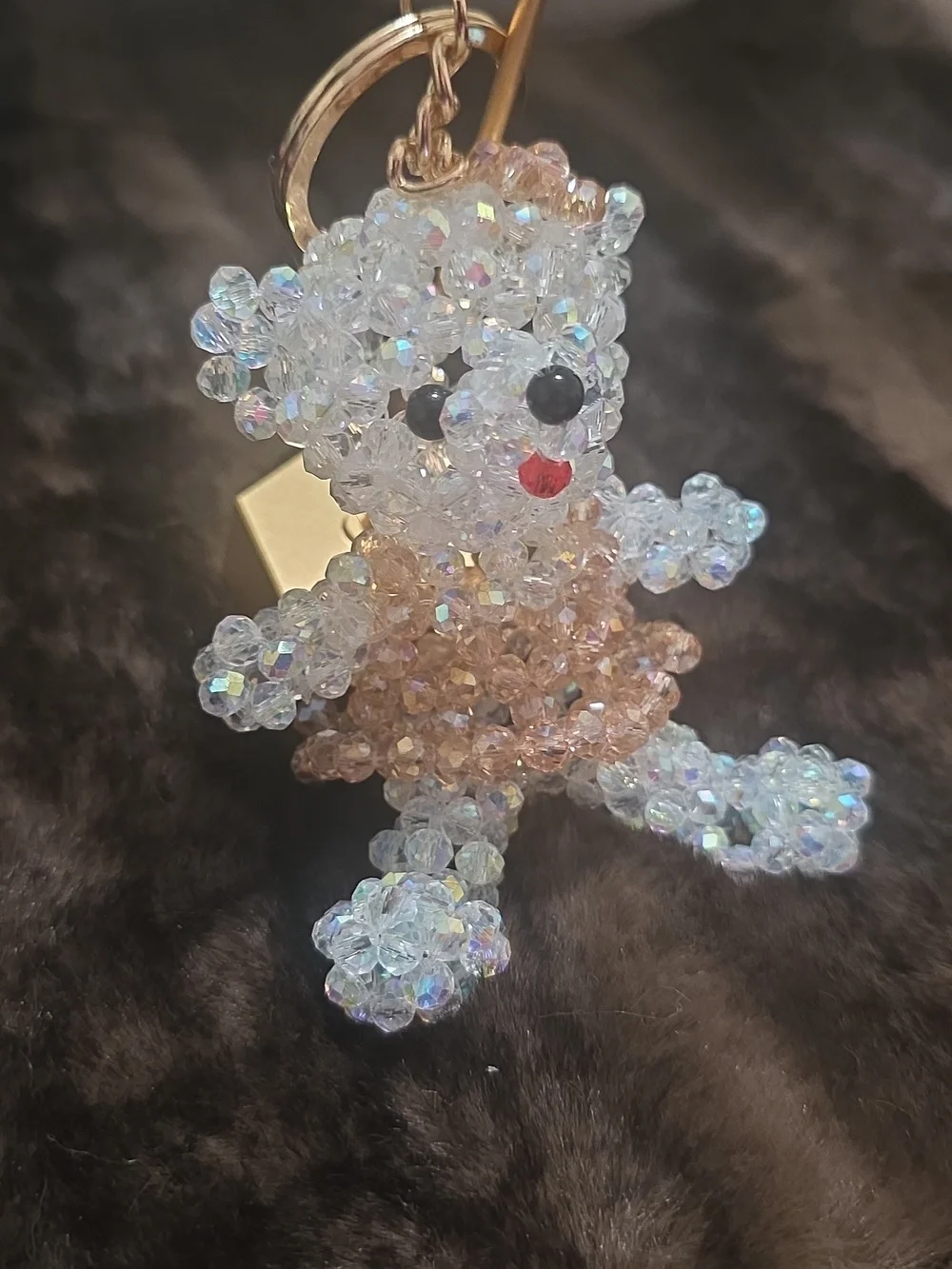 Beaded Teddy Bear Keychain - Pink and Iridescent - Picture 3 of 5